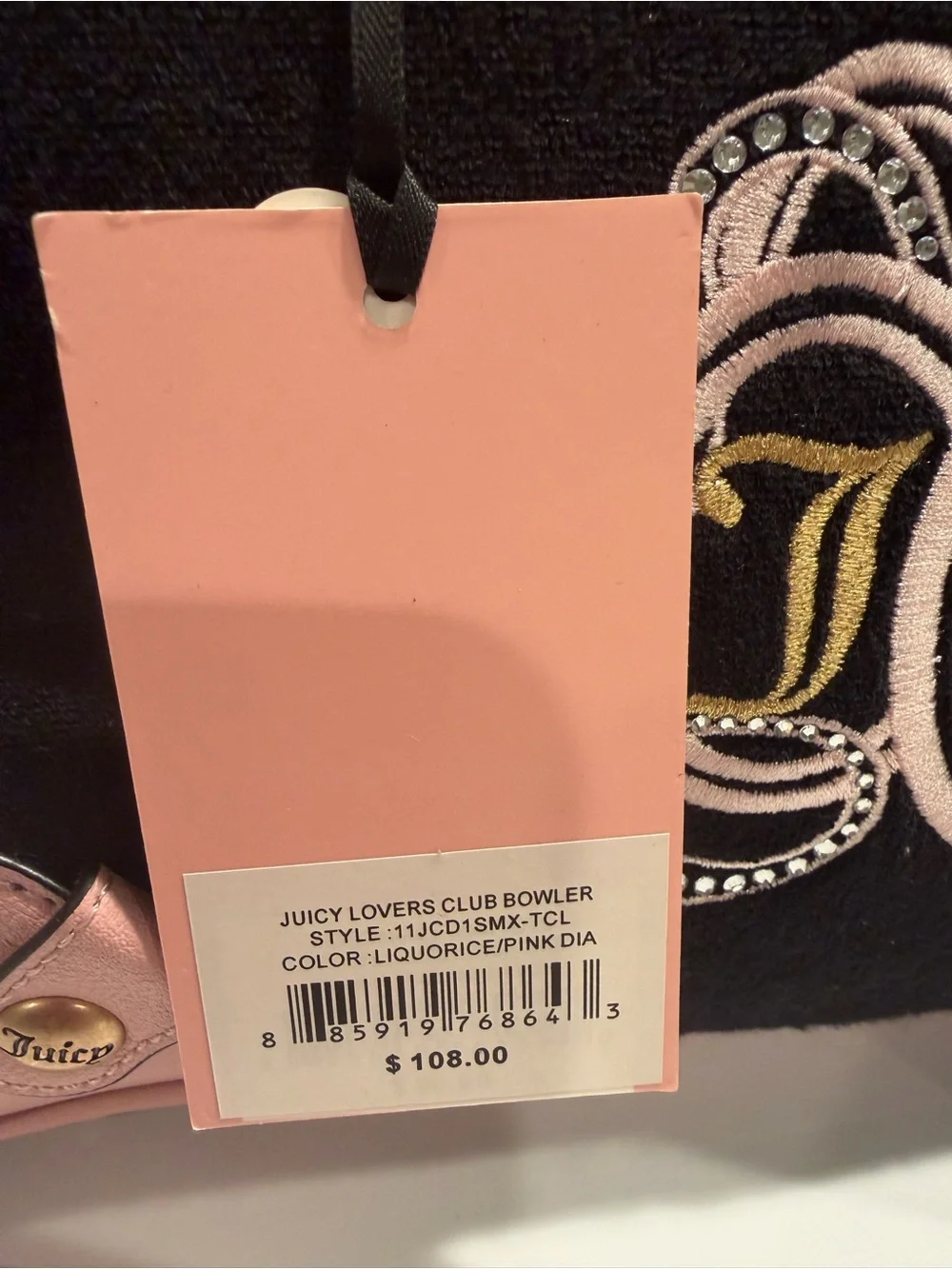 Juicy Couture NWT Black & Pink Embroidered Dome Satchel Gold Hardware (P238